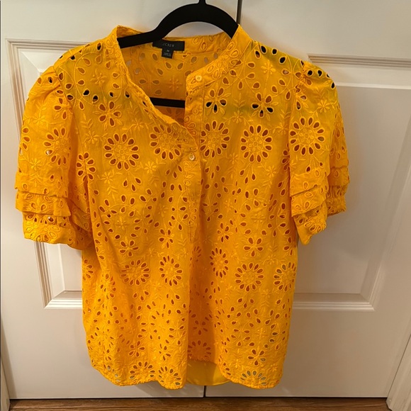 J. Crew Tops - J. Crew Yellow Eyelet Short Sleeve Blouse